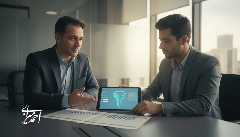 تصویر مفهومی از آزمون تقاضا قبل از سرمایه‌گذاری؛ مدیران در حال بررسی داده‌های فروش، تست قیمت و نمودار تبدیل برای تصمیم‌گیری سرمایه‌گذاری