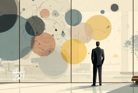 مدیری که در یک فضای اداری مدرن ایستاده و به نموداری مفهومی از دایره‌ها و خطوط متصل روی شیشه نگاه می‌کند؛ نمادی از تفکر سیستمی و سازمان یادگیرنده.