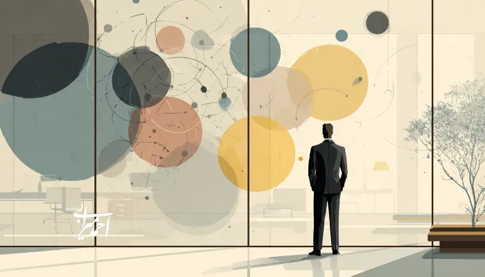 مدیری که در یک فضای اداری مدرن ایستاده و به نموداری مفهومی از دایره‌ها و خطوط متصل روی شیشه نگاه می‌کند؛ نمادی از تفکر سیستمی و سازمان یادگیرنده.
