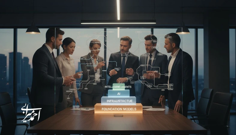 جلسه تصمیم‌گیری مدیریتی درباره عامل‌های هوشمند و تمایز آن‌ها از مدل‌های بزرگ زبانی و زیرساخت هوش مصنوعی