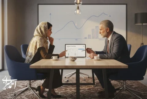 تصویر مفهومی جلسه سرمایه گذاری مرحله اولیه برای ارزیابی تیم مؤسس و تصمیم درباره سرمایه گذاری روی تیم یا ایده