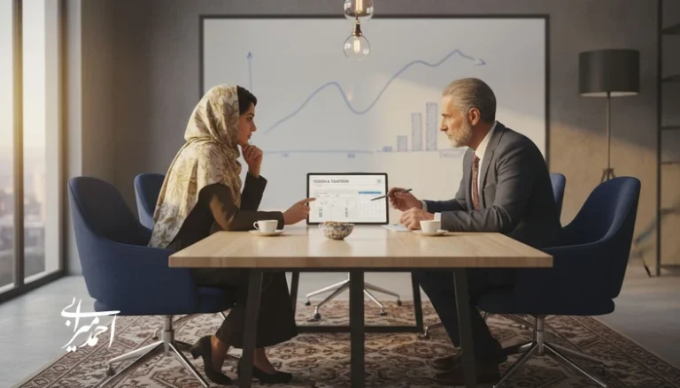 تصویر مفهومی جلسه سرمایه گذاری مرحله اولیه برای ارزیابی تیم مؤسس و تصمیم درباره سرمایه گذاری روی تیم یا ایده