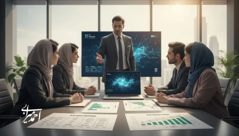 جلسه مدیریتی برای محاسبه ROI هوش مصنوعی قبل از خرید با بررسی KPI، Baseline و نمودارهای بازگشت سرمایه