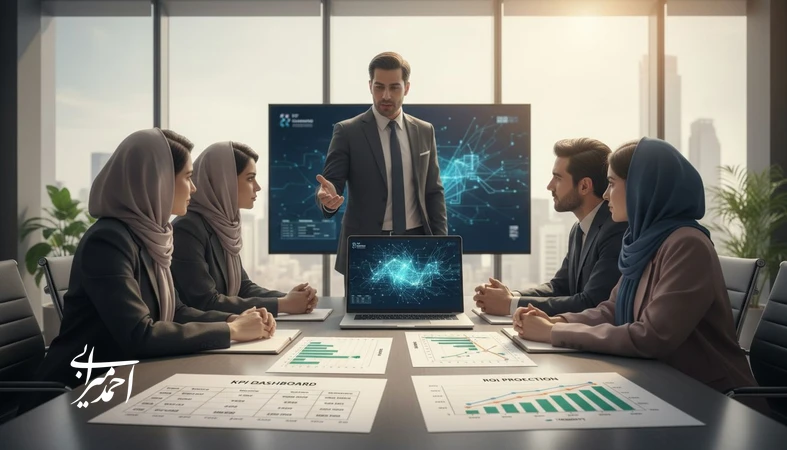 جلسه مدیریتی برای محاسبه ROI هوش مصنوعی قبل از خرید با بررسی KPI، Baseline و نمودارهای بازگشت سرمایه