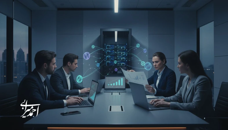 جلسه مدیریتی برای بررسی هزینه واقعی رشد استارتاپ AI با تمرکز بر هزینه کامپیوت، هزینه تیم AI و حاشیه سود در مقیاس‌پذیری