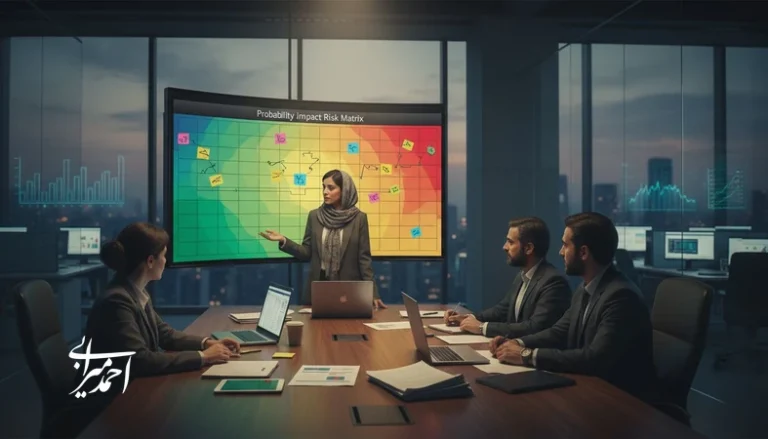 جلسه مدیریتی برای تحلیل ماتریس تصمیم احتمال/اثر و تدوین برنامه پاسخ به ریسک در سرمایه گذاری