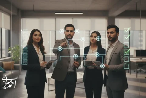 تیم مدیریتی در حال بررسی نقشه فرایند و معیارهای کسب‌وکار خدماتی مقیاس‌پذیر برای تشخیص سرویس از سخت‌کار