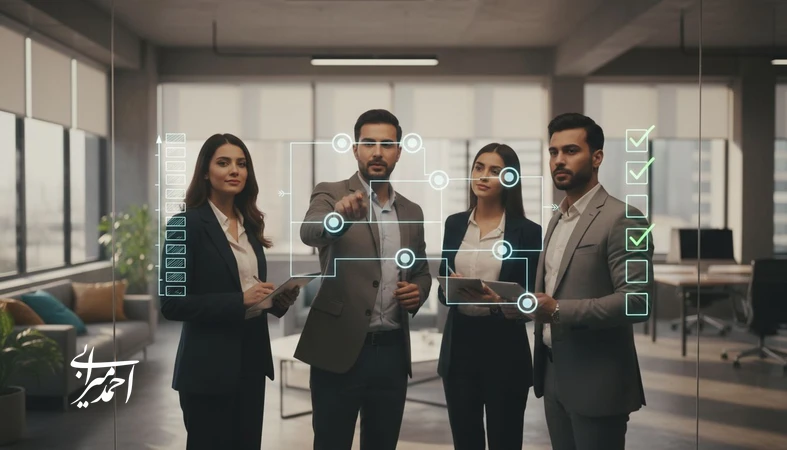 تیم مدیریتی در حال بررسی نقشه فرایند و معیارهای کسب‌وکار خدماتی مقیاس‌پذیر برای تشخیص سرویس از سخت‌کار