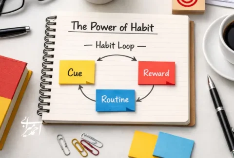 تصویر یک دفتر روی میز که عبارت the-power-of-habit روی آن نوشته شده است