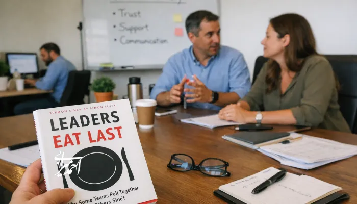 دستی که کتاب «رهبران آخر غذا می‌خورند» را در یک جلسه کاری نگه داشته؛ در پس‌زمینه دو همکار در حال گفت‌وگو کنار میز جلسه با لپ‌تاپ و یادداشت‌ها، و وایت‌بوردی با کلمات «اعتماد، حمایت، ارتباط» دیده می‌شود.